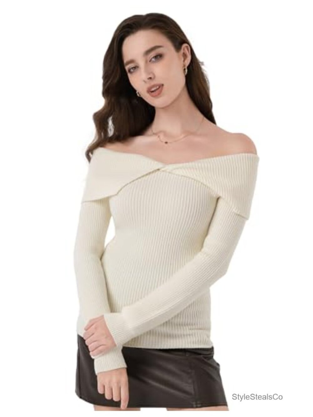 Off Shoulder Ribbed Knit Shawl Collar Pullover Sweater Elegant Going Out